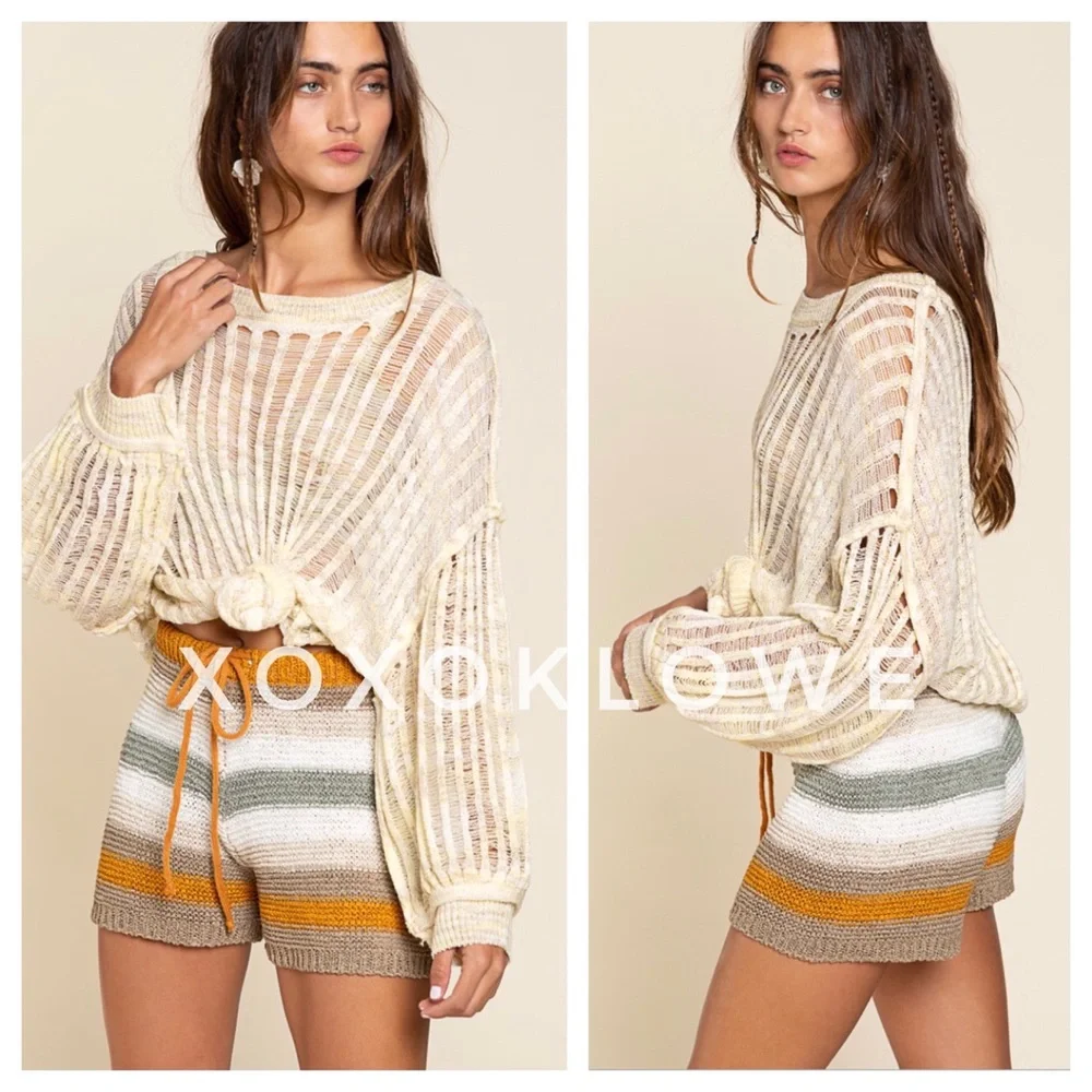 POL Olive Multi Striped Knit Shorts
